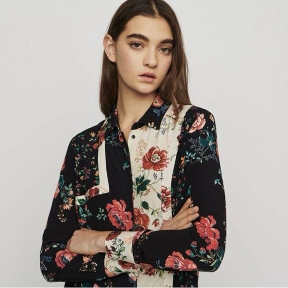 #165 MAJE Cillar Black Two Tone Floral Blouse